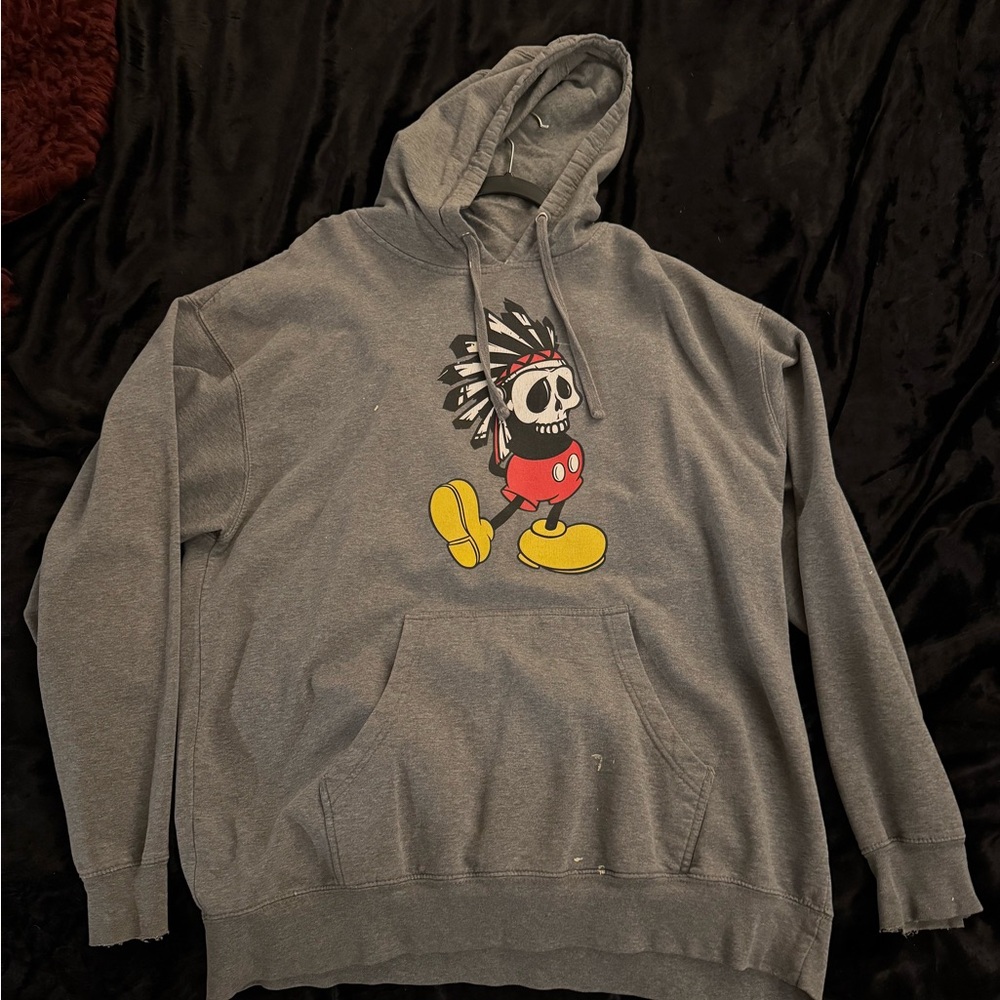 Gray and Red Pullover Hoodie with Cartoon Graphic
